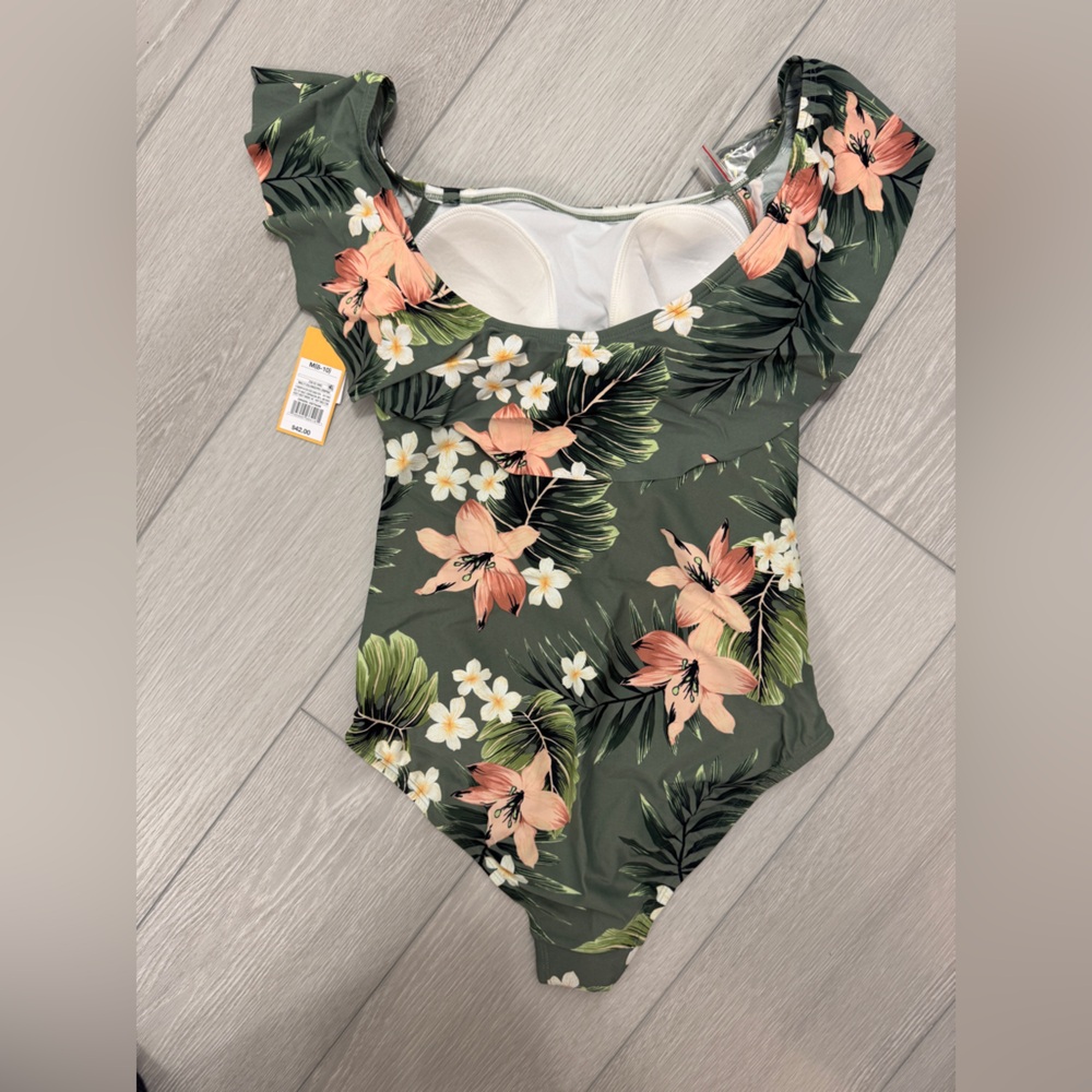 NWT Kona Sol Floral Green Swimsuit off-shoulder Size M (8-10) - Picture 6 of 6